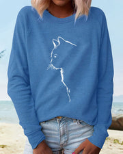 Relaxed Cat Print Sweatshirt with Raglan Sleeves and Ribbed Cuffs for Women