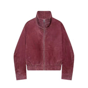 Relaxed Faux Suede Bomber Jacket with High Collar and Zip Front for Women