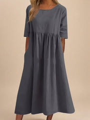 Women's Cocktail Relaxed Fit Midi Dress with Pockets Wedding Guest Cotton Breathable