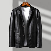 Men's Tailored Leather Jacket with Two-Button Closure and Chest Pocket