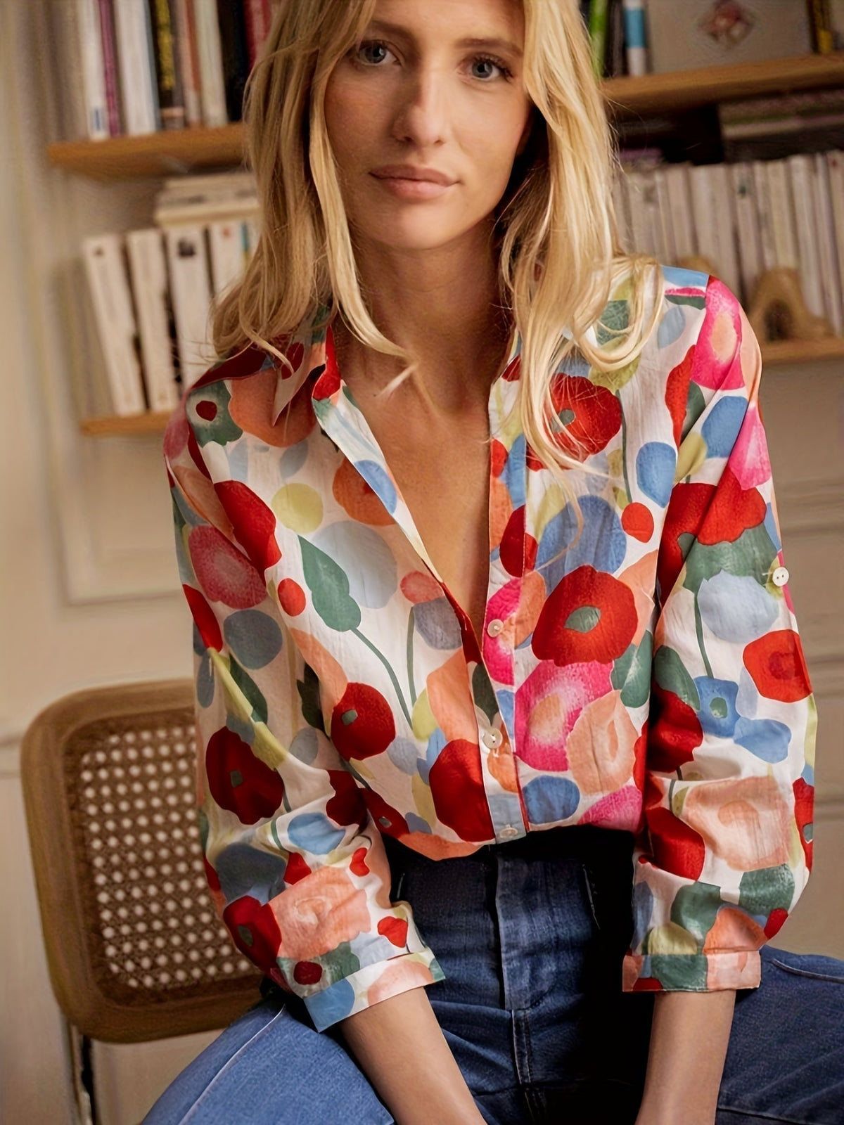 Linen Floral Button-Down Blouse for Women