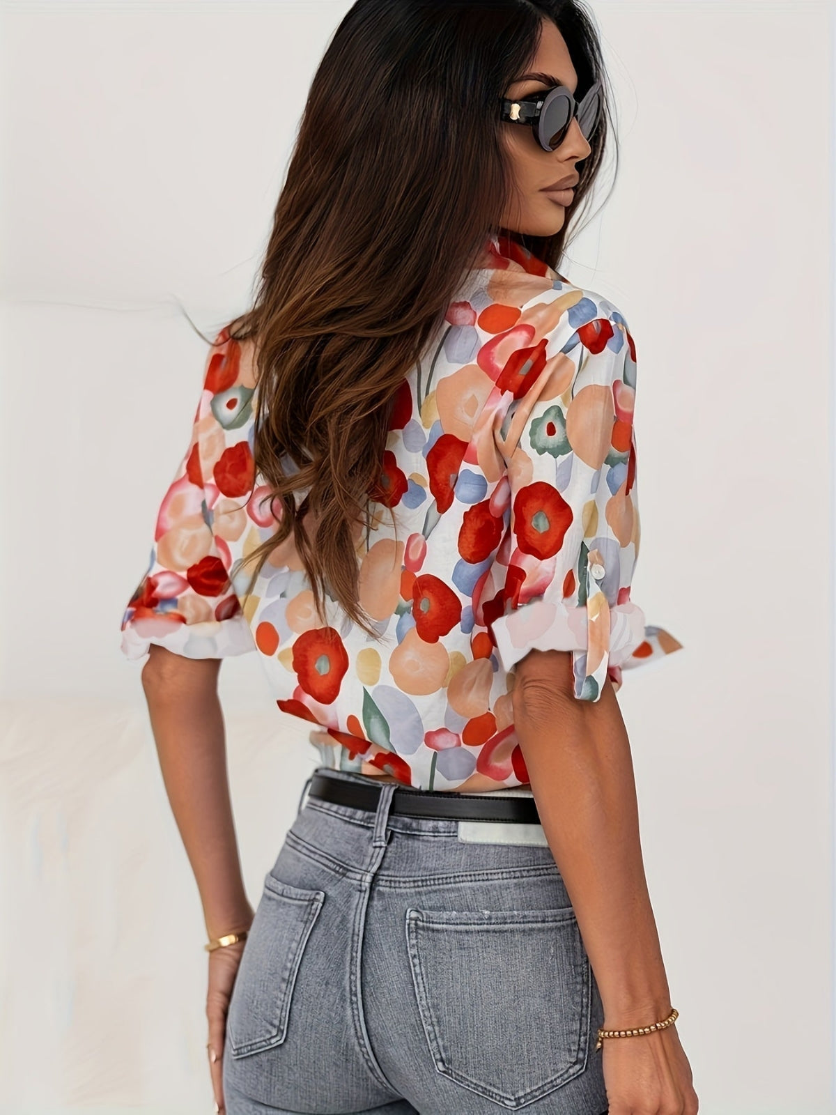 Linen Floral Button-Down Blouse for Women