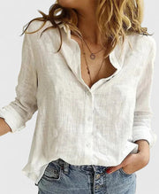 Relaxed Linen Shirt with Lapel Collar and Full Button Front for Women