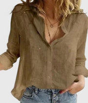 Relaxed Linen Shirt with Lapel Collar and Full Button Front for Women