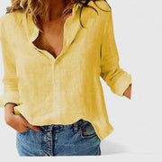 Relaxed Linen Shirt with Lapel Collar and Full Button Front for Women