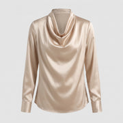 Relaxed Satin Cowl Neck Blouse with Floral Print and Collar for Women