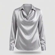 Relaxed Satin Cowl Neck Blouse with Floral Print and Collar for Women