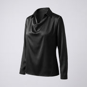 Relaxed Satin Cowl Neck Blouse with Floral Print and Collar for Women