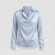 Relaxed Satin Cowl Neck Blouse with Floral Print and Collar for Women