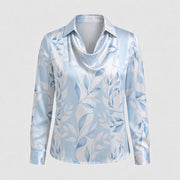 Relaxed Satin Cowl Neck Blouse with Floral Print and Collar for Women