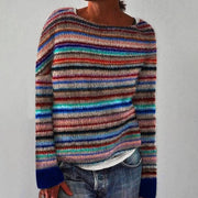 Striped Oversized Brushed Knit Winter Sweater with Boat Neck for Women