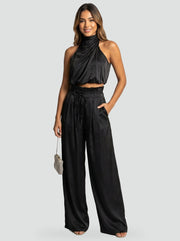 Satin Halter Top and Wide-Leg Pants Set