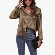 Satin Long Sleeve Button-Up Blouse in Peau de Soie Fabric for Elegant Style