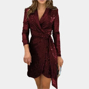 Sequin Wrap Mini Dress with Tie Waist and Long Sleeves for Women