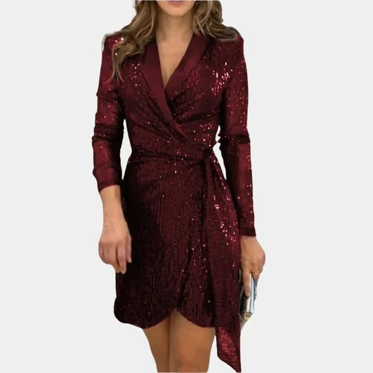 Red sequin wrap mini dress with long sleeves and tie waist, front view