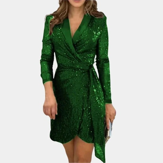 Green sequin wrap mini dress with long sleeves and tie waist