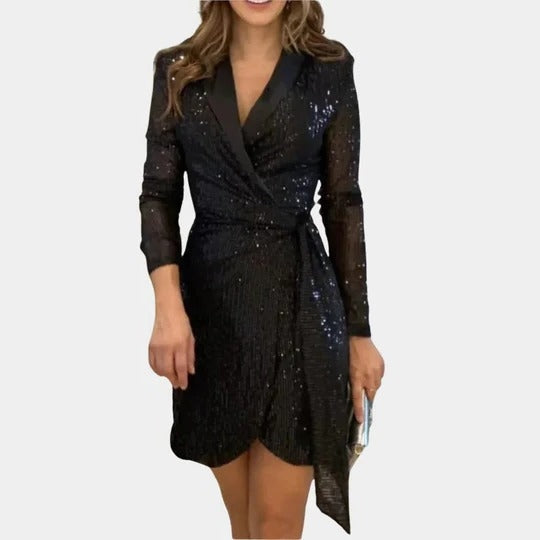 Black sequin wrap mini dress with long sleeves and tie waist