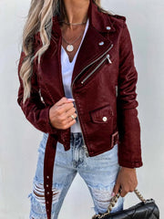 Women's Fitted Faux Leather Jacket with Belted Waist and Zippers