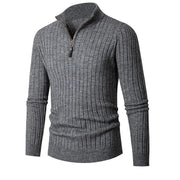 Slim Ribbed Winter Pullover Sweater with Mock Collar and Quarter Zip for Men