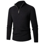 Slim Ribbed Winter Pullover Sweater with Mock Collar and Quarter Zip for Men