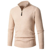 Slim Ribbed Winter Pullover Sweater with Mock Collar and Quarter Zip for Men