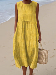 Sleeveless Embroidered Midi Dress Bridal Guest Pockets Breathable Lightweight Beach