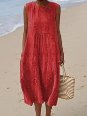 Sleeveless Embroidered Midi Dress Bridal Guest Pockets Breathable Lightweight Beach