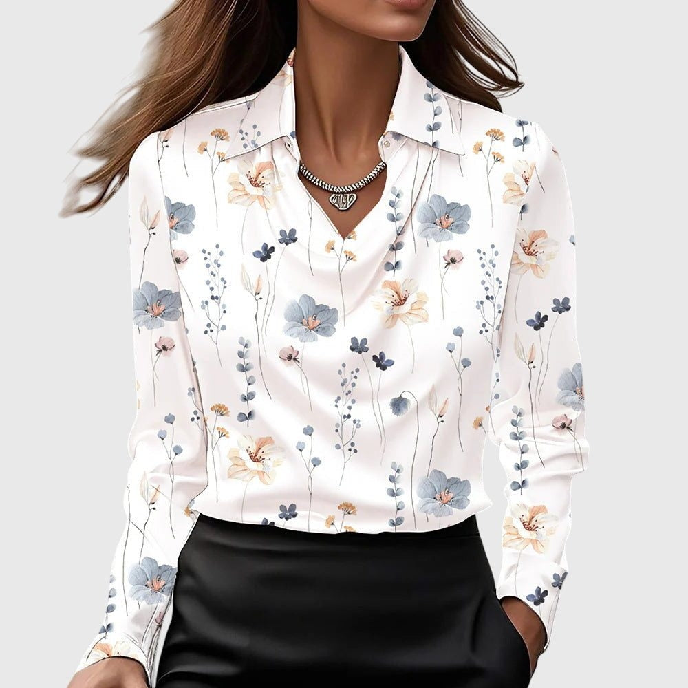 Cowl Neck Long Sleeve Satin Blouse for Women - White Floral
