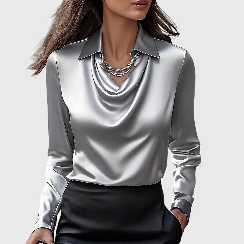 Cowl Neck Long Sleeve Satin Blouse for Women - Silver