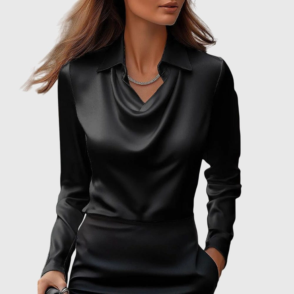 Cowl Neck Long Sleeve Satin Blouse for Women - Black