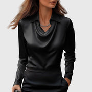 Smooth Satin Blouse with Cowl Neck and Long Sleeves for Women