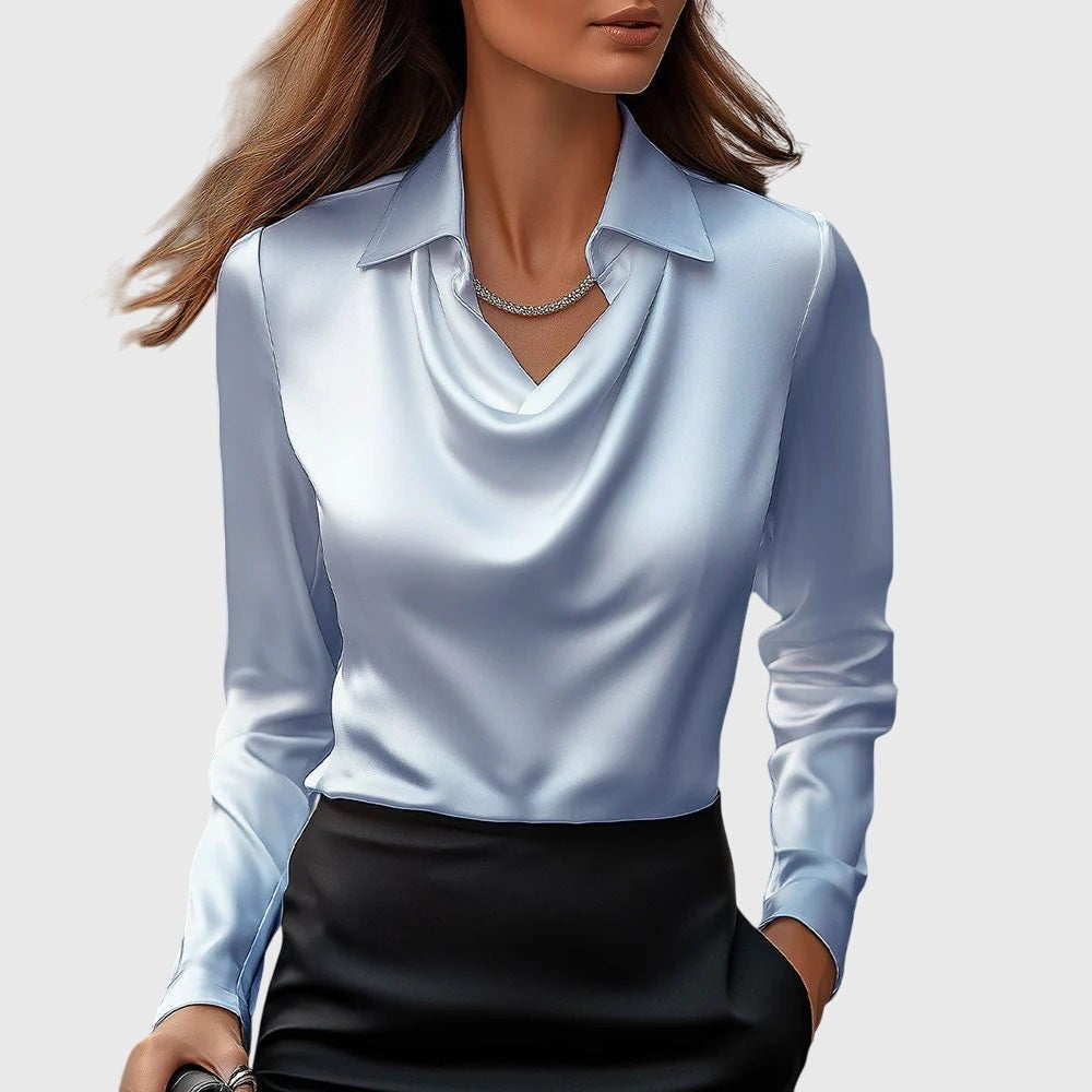Cowl Neck Long Sleeve Satin Blouse for Women - Light Blue