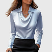 Smooth Satin Blouse with Cowl Neck and Long Sleeves for Women