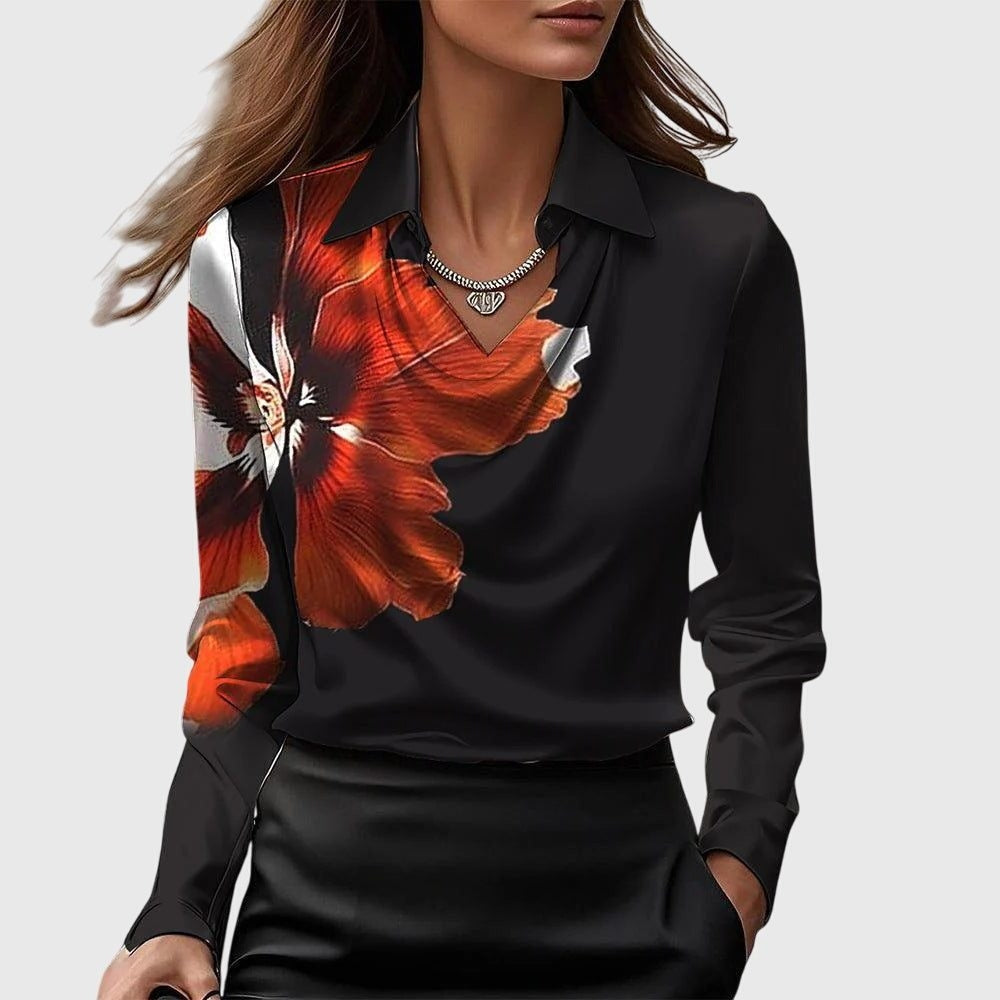 Cowl Neck Long Sleeve Satin Blouse for Women - Black-Red