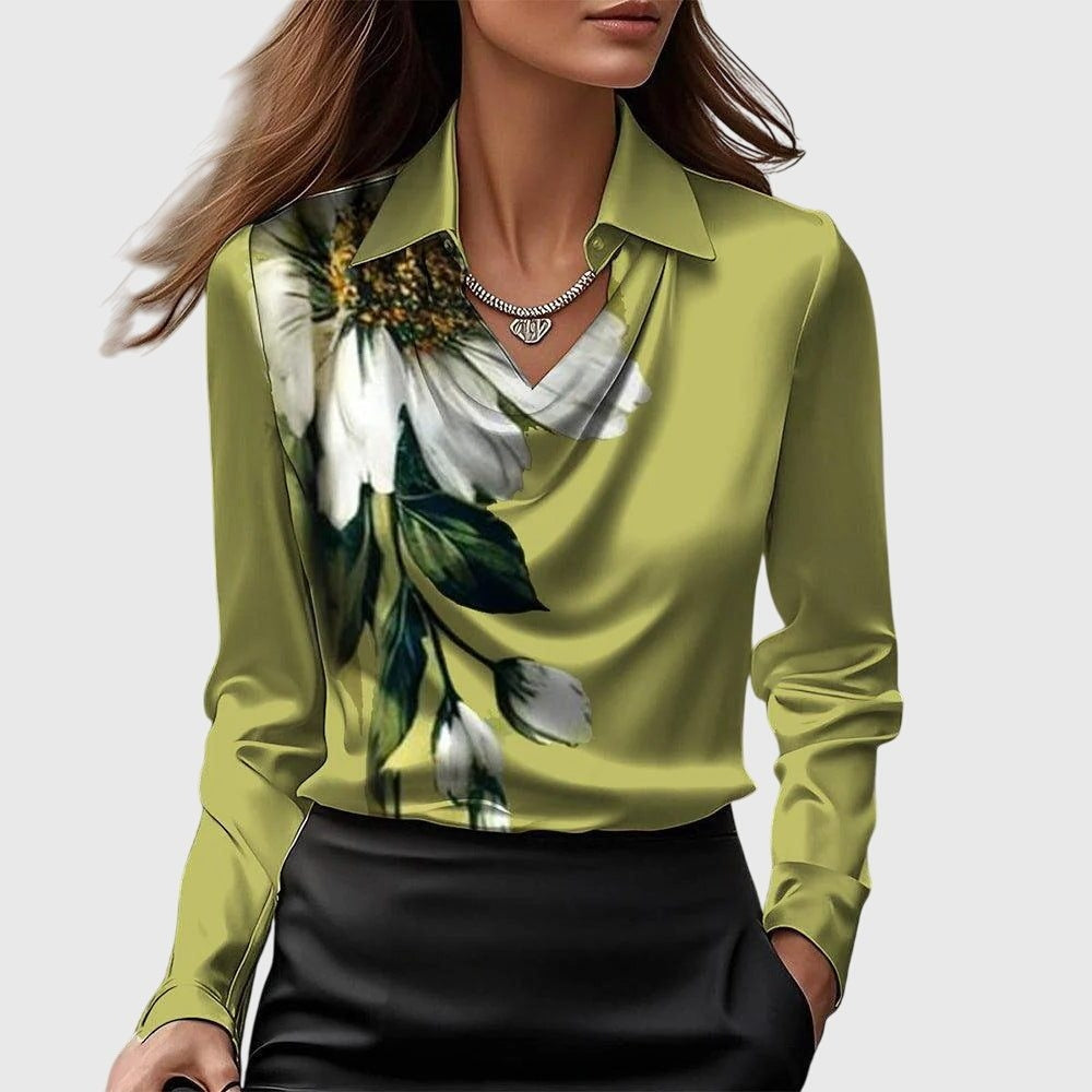 Cowl Neck Long Sleeve Satin Blouse for Women - Green