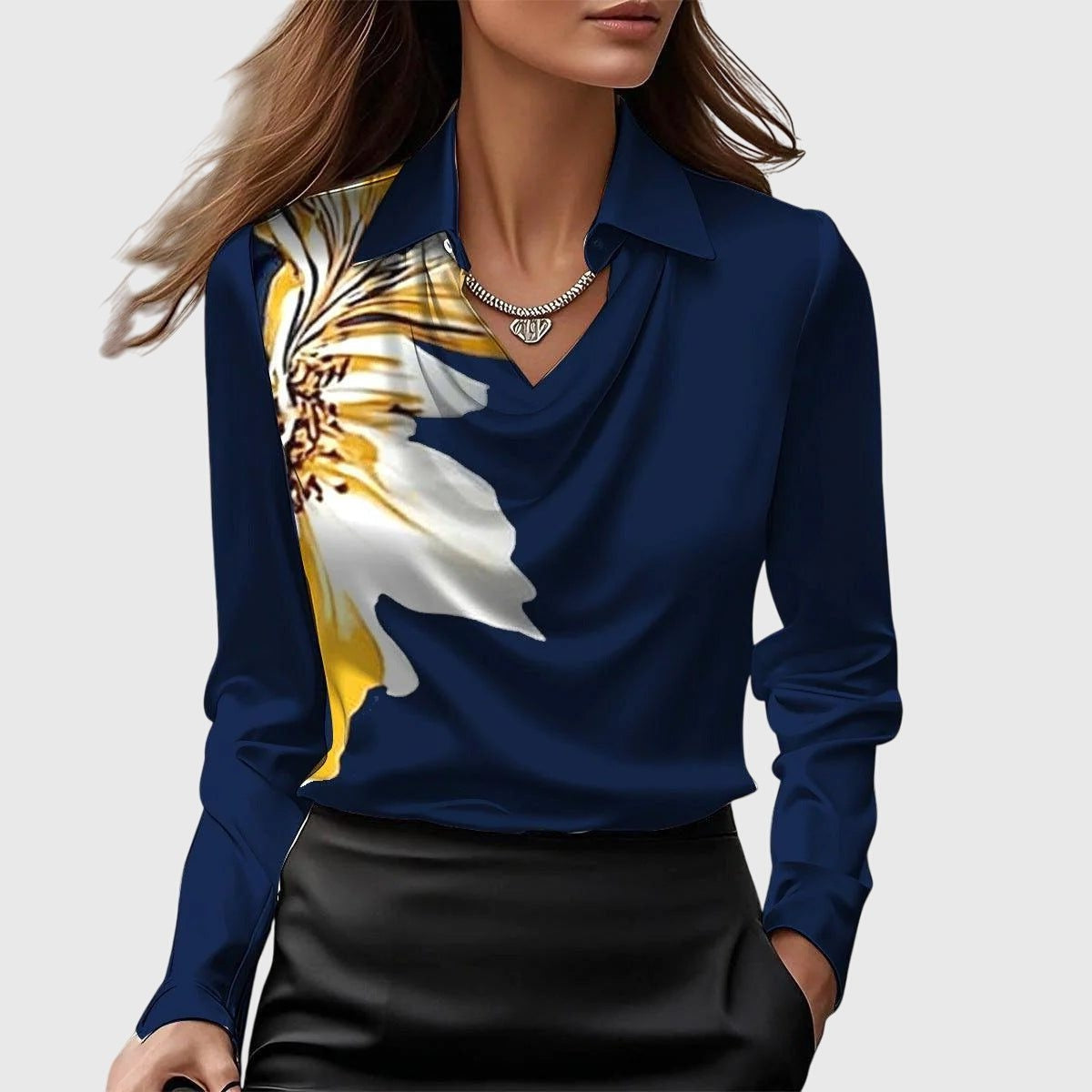 Cowl Neck Long Sleeve Satin Blouse for Women - Navy