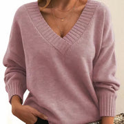 Soft Cashmere V-Neck Sweater with Ribbed Cuffs and Hem for Women