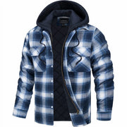 Men's Quilted Plaid Flannel Winter Shirt Jacket with Lined Hood