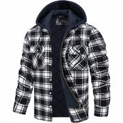 Men's Quilted Plaid Flannel Winter Shirt Jacket with Lined Hood