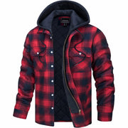 Men's Quilted Plaid Flannel Winter Shirt Jacket with Lined Hood