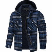 Men's Quilted Plaid Flannel Winter Shirt Jacket with Lined Hood