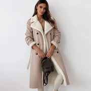 Long Faux Leather Winter Coat with Shearling Lining and Belted Cuffs for Women