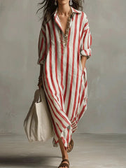 Striped Linen Shirt Dress Casual Wear Wedding Guest Breathable