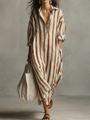Striped Linen Shirt Dress Casual Wear Wedding Guest Breathable