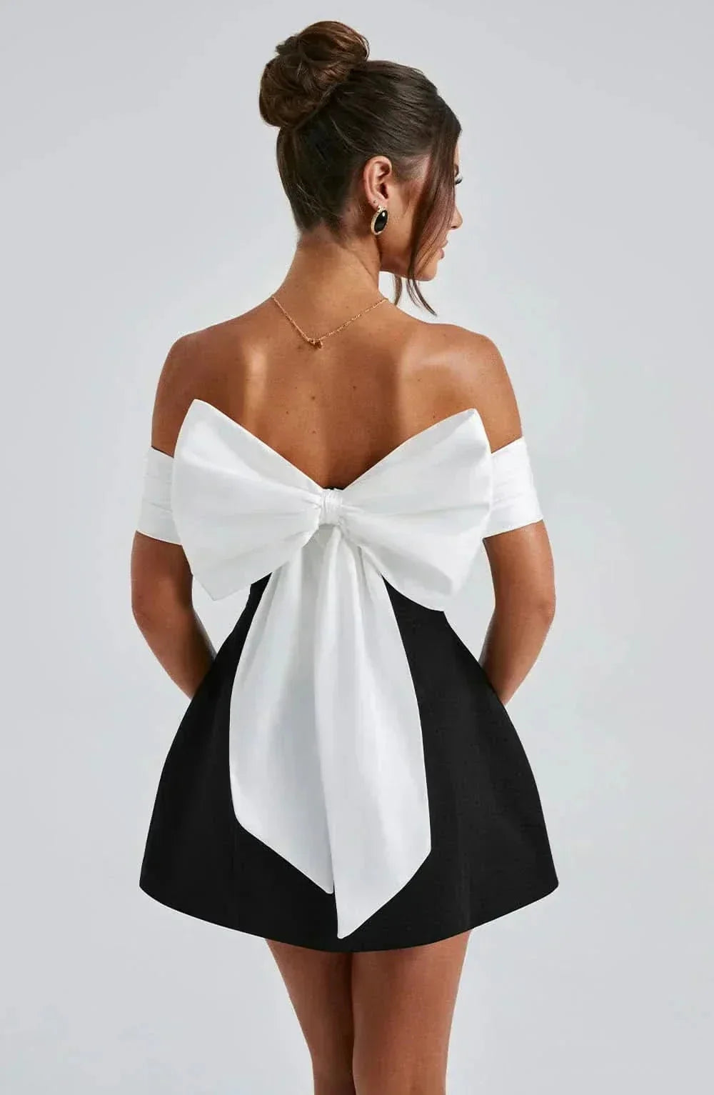 Off Shoulder Black And White Mini Dress - Black
