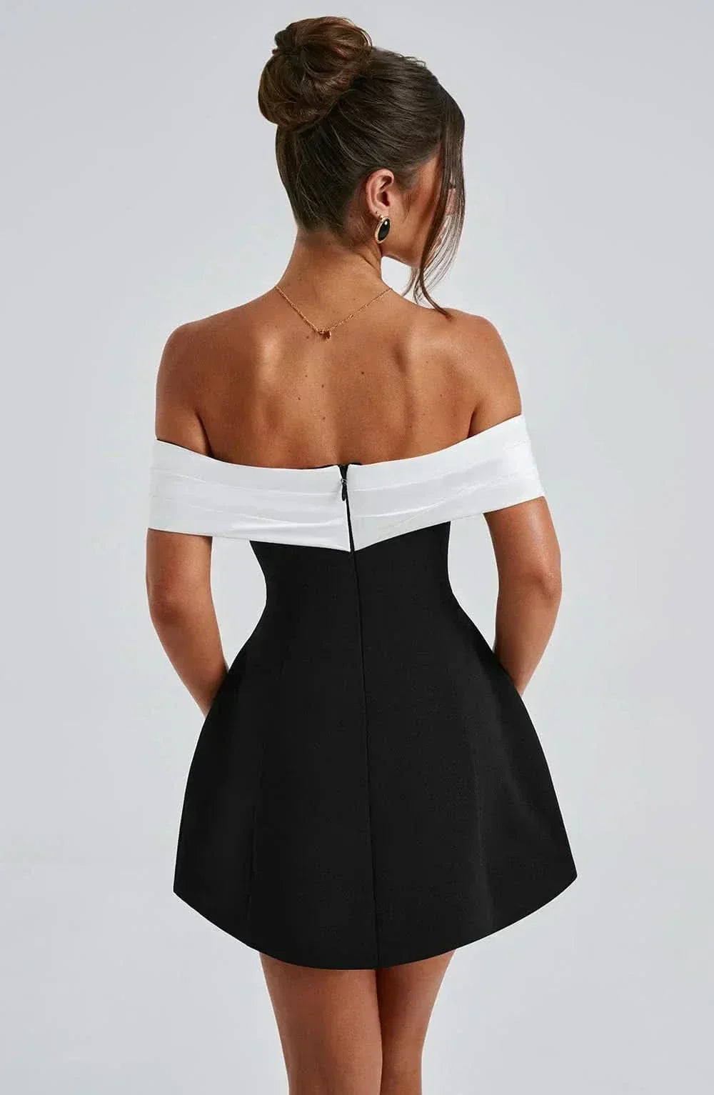 Off Shoulder Black And White Mini Dress - Black