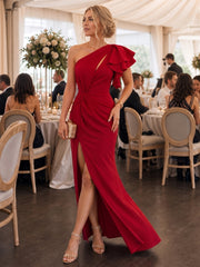 Structured One Shoulder Midi Dress with Draped Bodice and Side Slit for Women