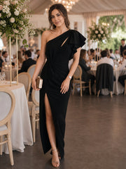 Structured One Shoulder Midi Dress with Draped Bodice and Side Slit for Women