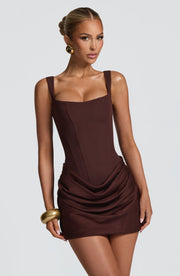 Structured Square Neck Draped Mini Dress with Boned Bodice for Women