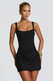 Structured Square Neck Draped Mini Dress with Boned Bodice for Women